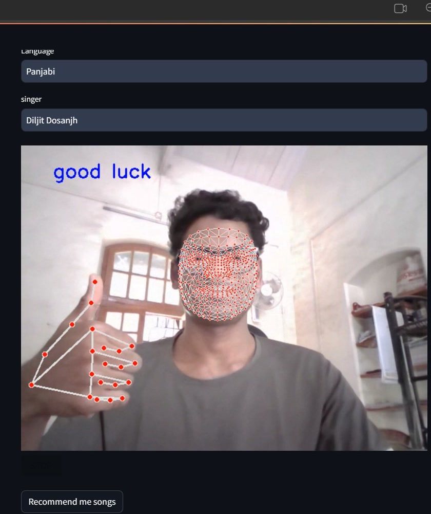 An emotion-based music recommendation app detecting face and hand landmarks