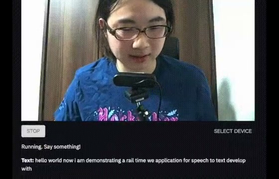 A real-time speech-to-text app showing a live camera and partial transcript