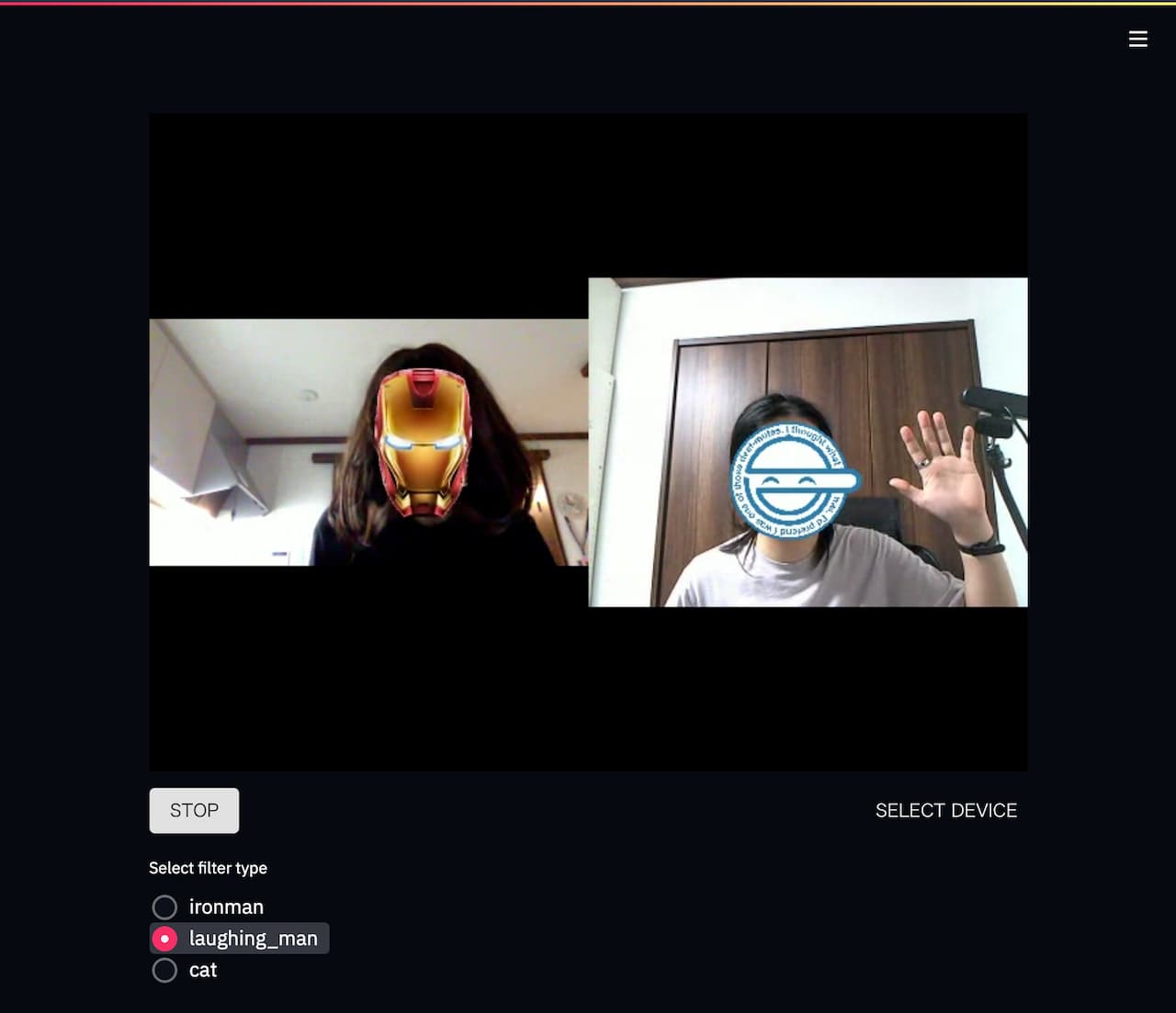 Two participants in a video chat with face overlays