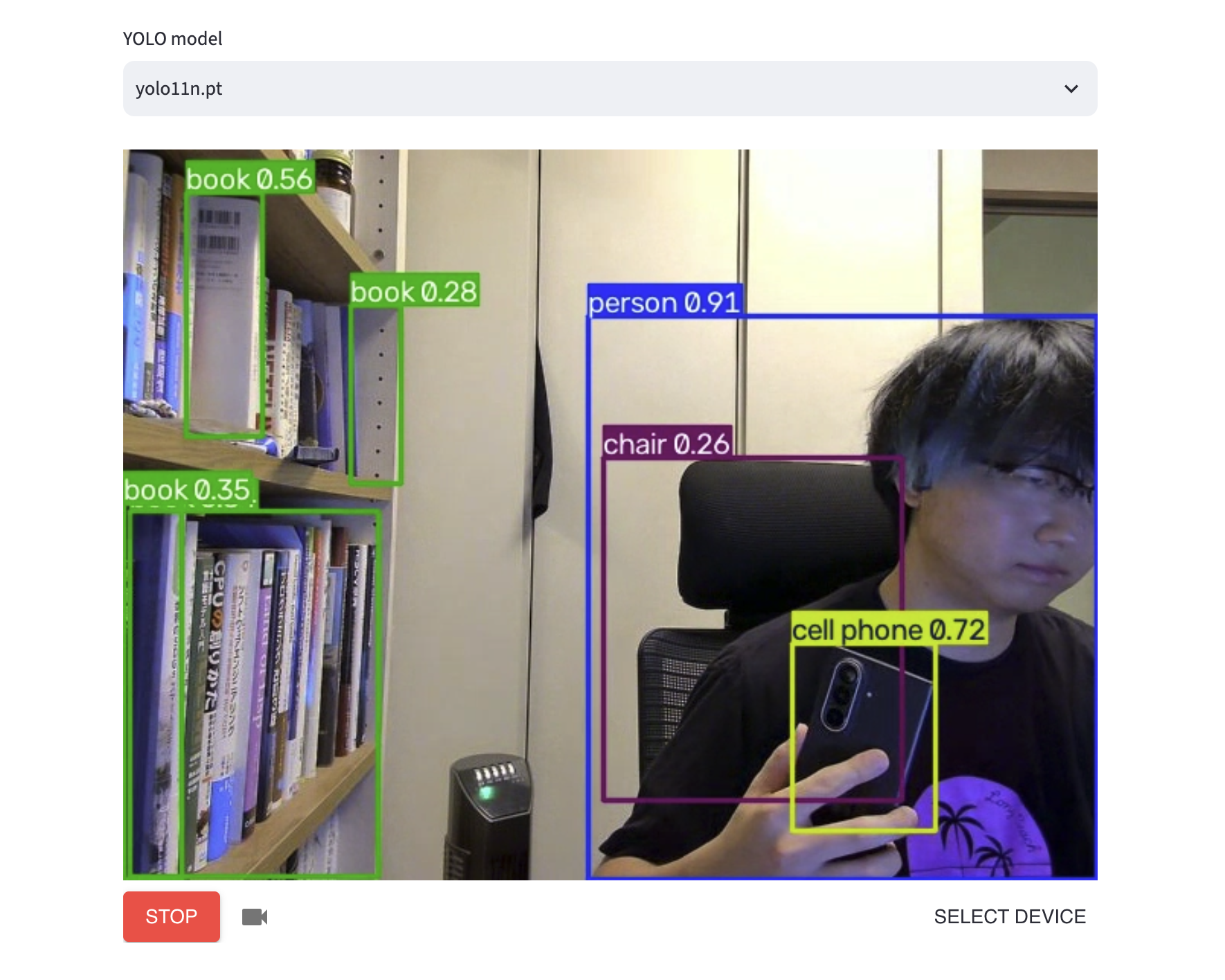 Streamlit application showing YOLO model selection and object detection boxes over a live webcam feed